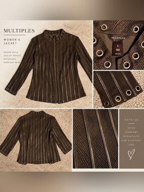 Multiples Brown Leather-Trim Mesh Jacket with Grommet Collar